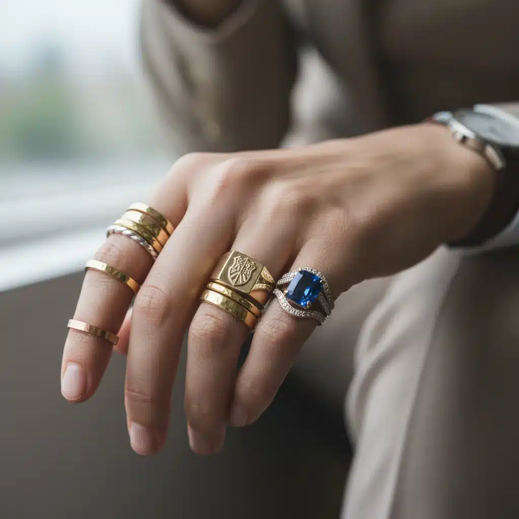 Close-up of hands demonstrating elegant ring layering with diverse styles.