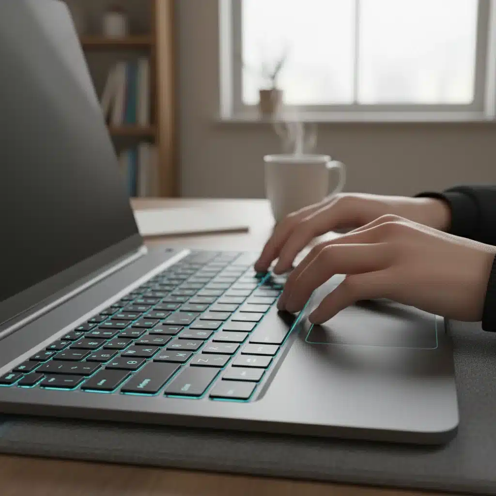 Ergonomic laptop keyboard and trackpad design, highlighting comfortable typing experience for extended productivity sessions.