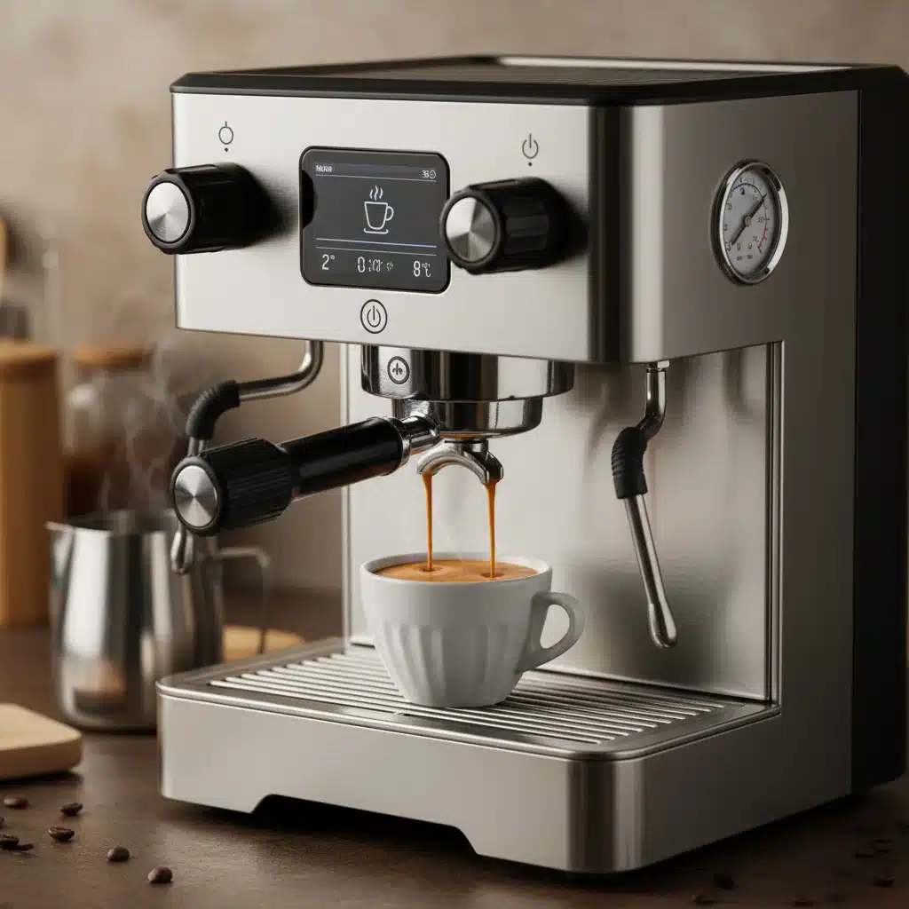 Close-up of a high-tech espresso machine brewing coffee.