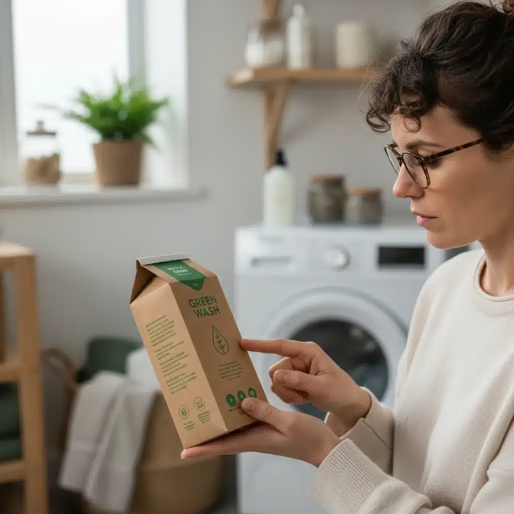 Person examining eco-friendly laundry detergent ingredients