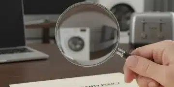 Hand examining an extended warranty policy document with electronic devices and appliances in the background.