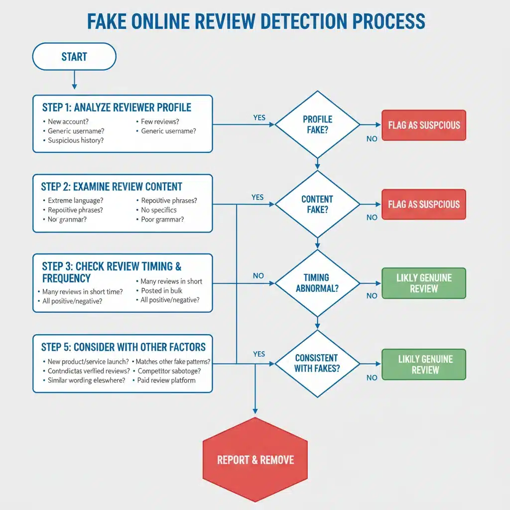 Flowchart outlining the 5-step process to detect fake reviews