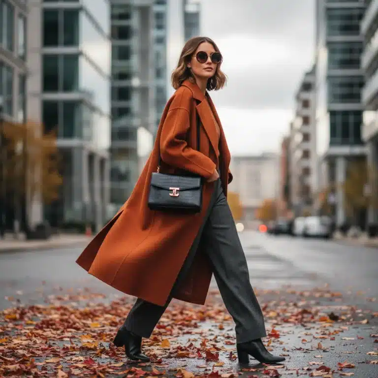 Woman in oversized wool coat embracing Fall 2026 fashion trends