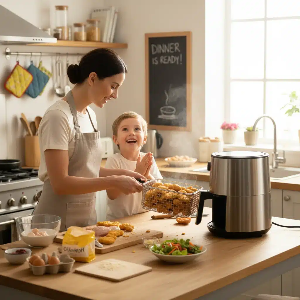 Family preparing a meal with an air fryer, showing ease of use