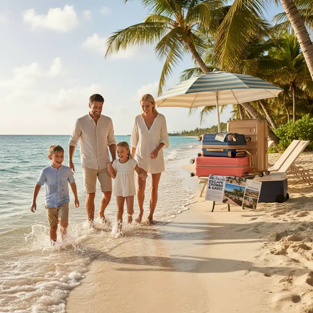 Family enjoying a vacation, symbolizing smart travel booking and seasonal savings