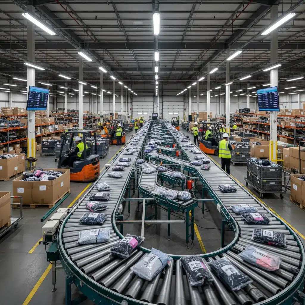 Busy e-commerce warehouse with packages of clothing moving on conveyor belts, illustrating the rapid distribution of fast fashion.