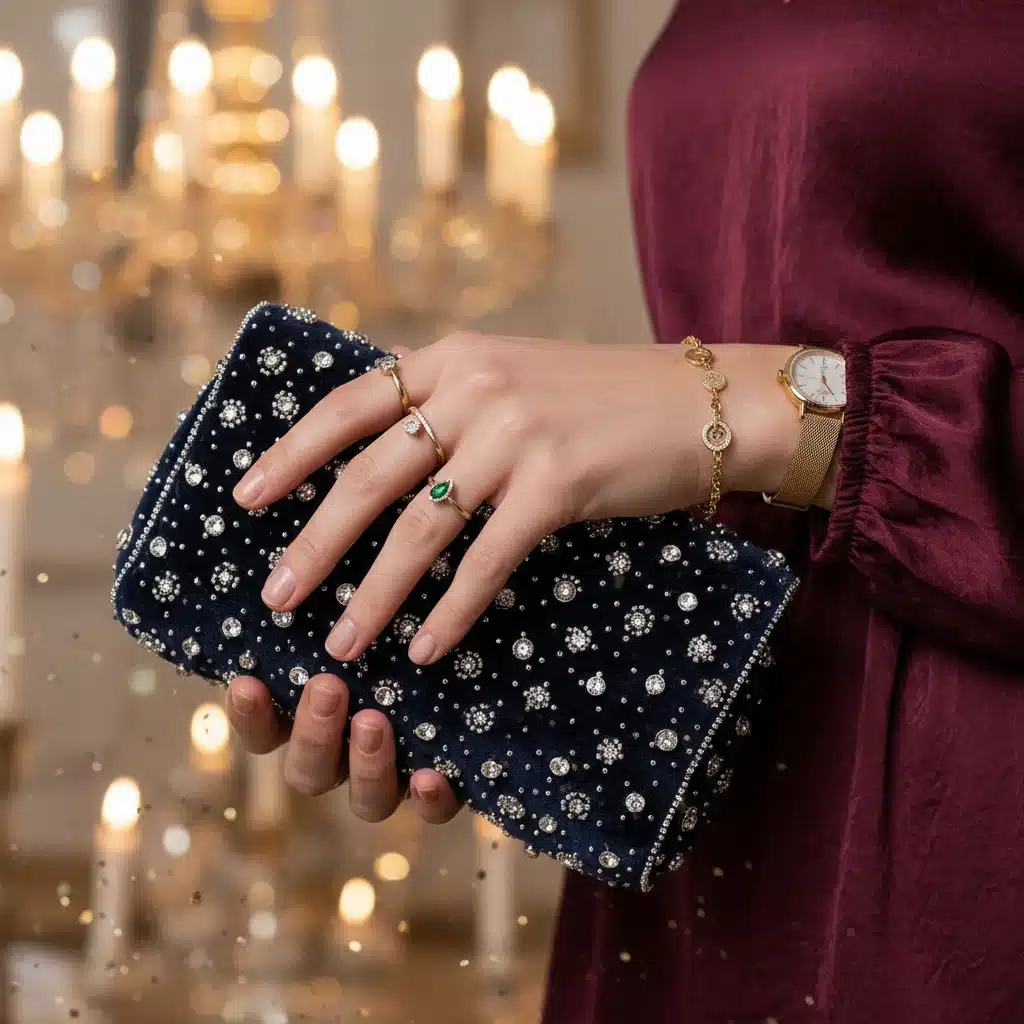 Close-up of festive jewelry and clutch bag