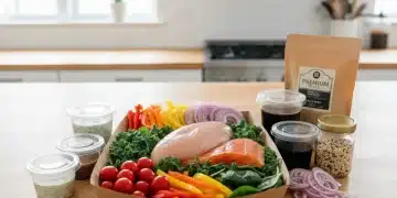 Assortment of fresh ingredients from a meal kit spread on a kitchen counter, showcasing vibrant vegetables and protein.