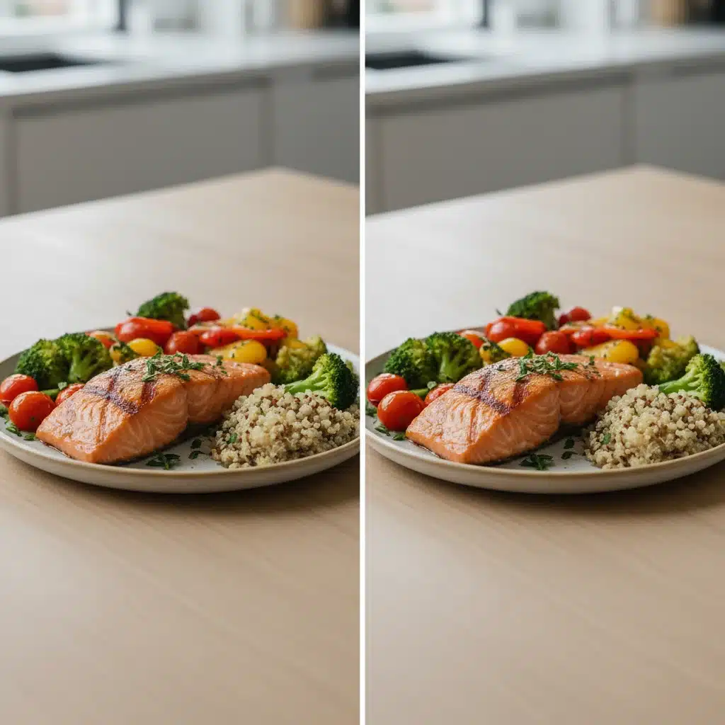 Two identical dishes, one prepared with fresh ingredients and the other with less fresh ingredients, for visual comparison.