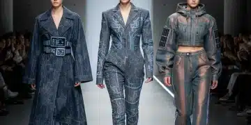 Future of Denim: Innovation in Styles and Fabrics for 2026 Fashion Models wearing futuristic denim with advanced fabrics and innovative styles for 2026 fashion trends.