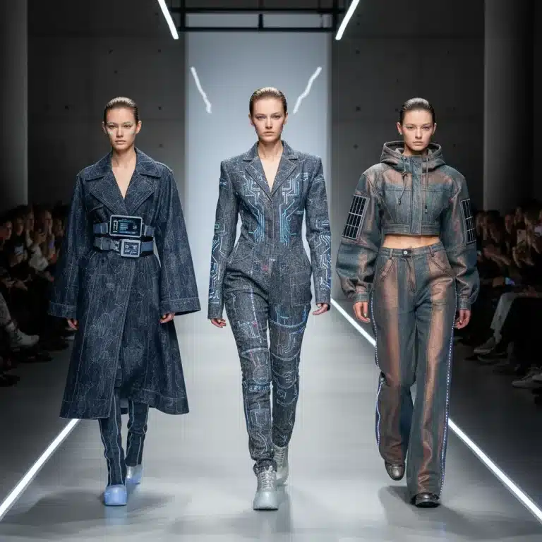 Models wearing futuristic denim with advanced fabrics and innovative styles for 2026 fashion trends.
