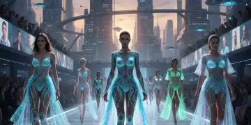 Futuristic digital fashion show with virtual glowing garments