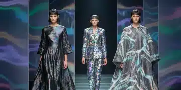 Futuristic fashion runway showcasing innovative textile garments