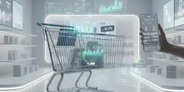 Futuristic shopping cart with price tracking app on smartphone, symbolizing smart shopping and price monitoring.