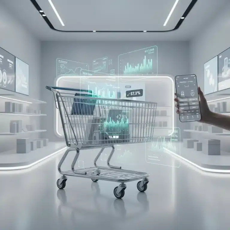 Futuristic shopping cart with price tracking app on smartphone, symbolizing smart shopping and price monitoring.