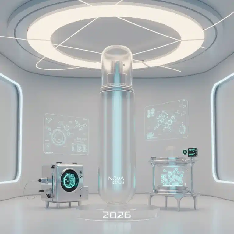 Futuristic skincare product with scientific instruments, symbolizing 2026 innovations