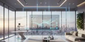 Futuristic smart home interior with integrated smart devices and automated lighting