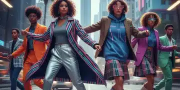 Diverse stylish individuals showcasing futuristic street fashion in urban settings.