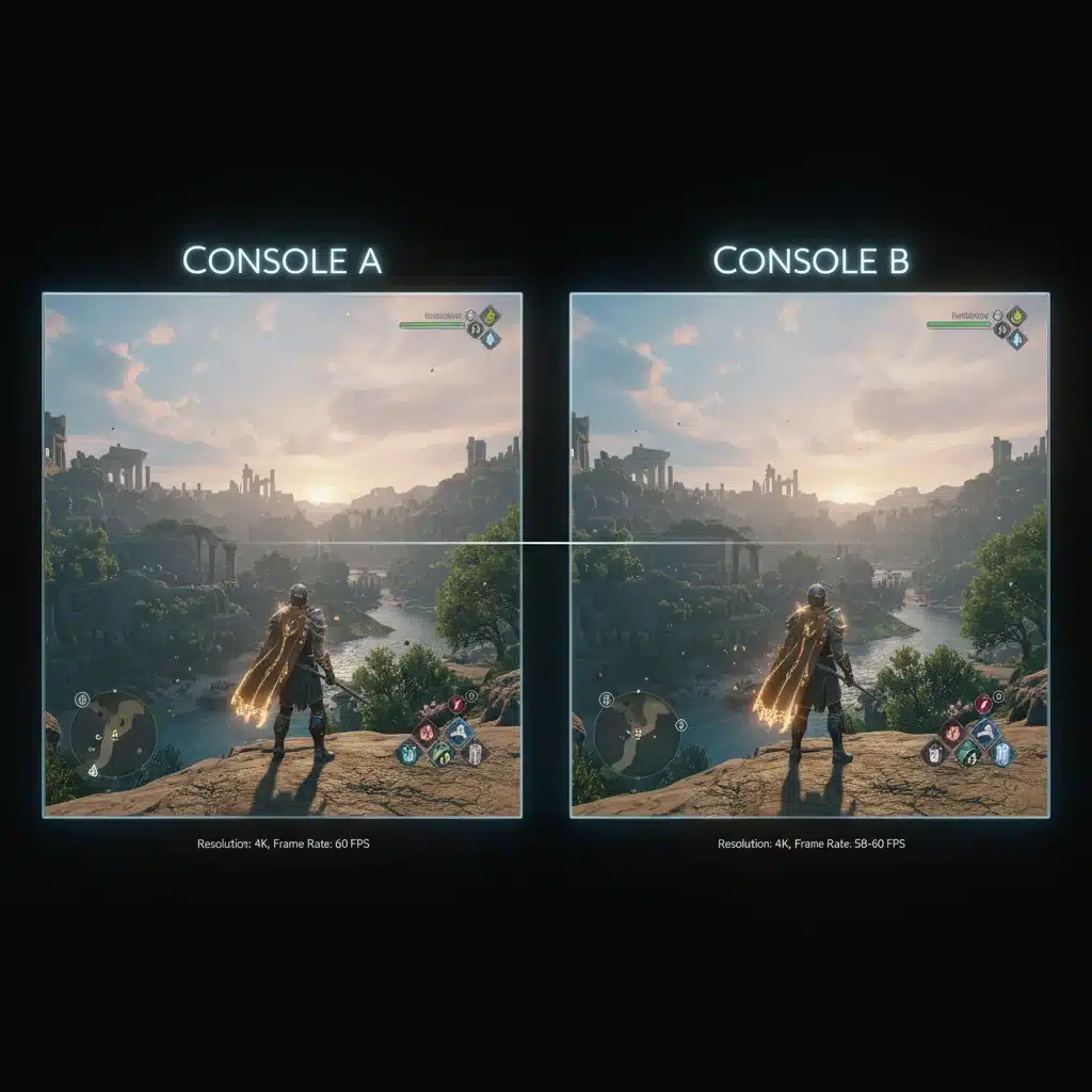 Comparative gameplay graphics on next-gen consoles, highlighting visual fidelity and frame rates.