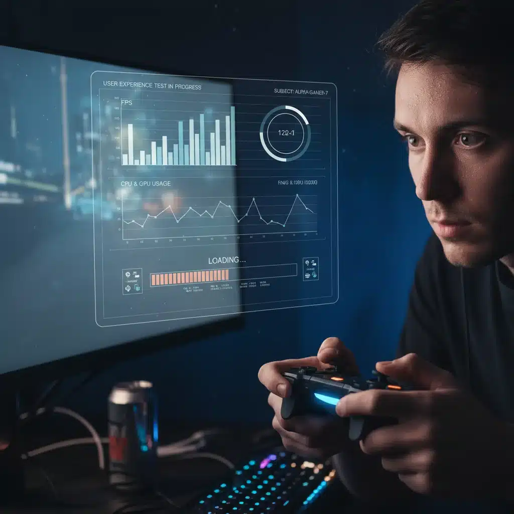 Gamer testing next-gen console, focusing on loading times and user interface responsiveness.