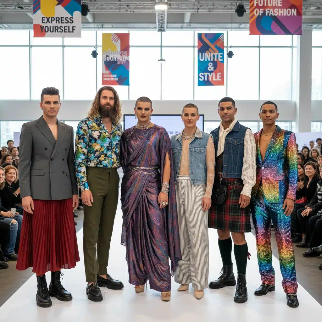 Diverse group in gender-fluid fashion, inclusive styling