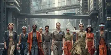 Gender-Fluid Fashion 2026: Breaking Traditional Style Barriers Diverse models in gender-fluid fashion, futuristic urban backdrop, embodying style freedom.
