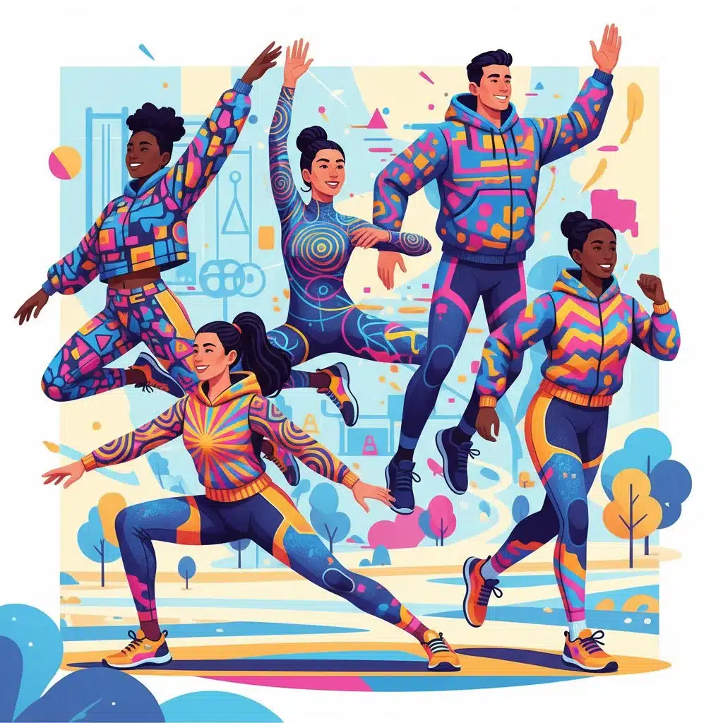 Digital illustration of diverse individuals in vibrant gender-neutral activewear with geometric patterns.