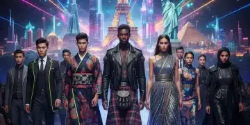 Diverse models showcasing global fashion trends on a futuristic runway, symbolizing international style fusion.