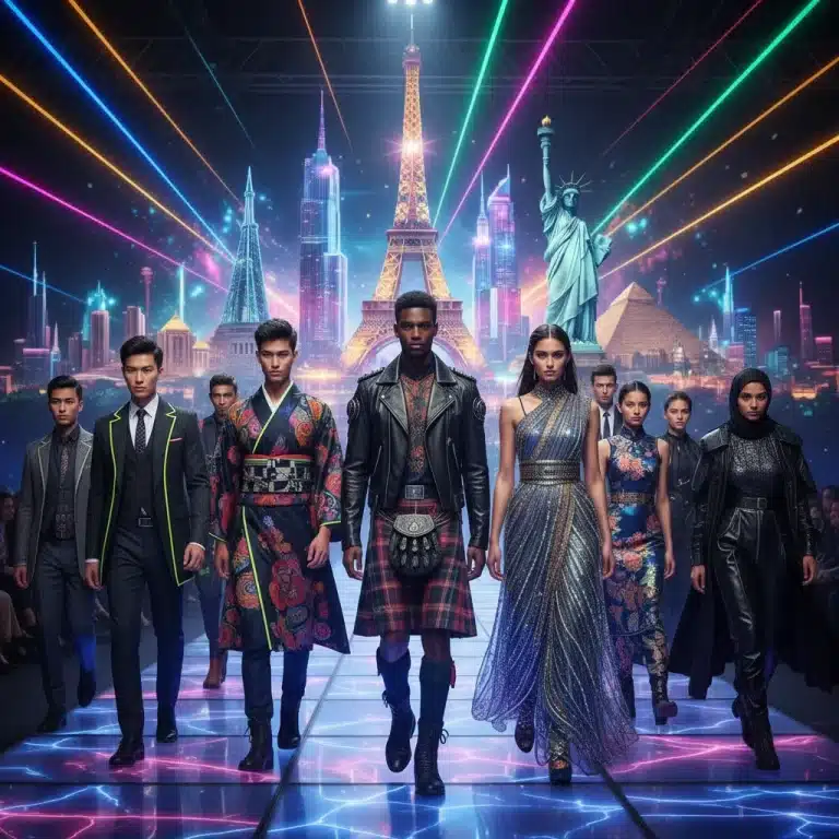 Diverse models showcasing global fashion trends on a futuristic runway, symbolizing international style fusion.