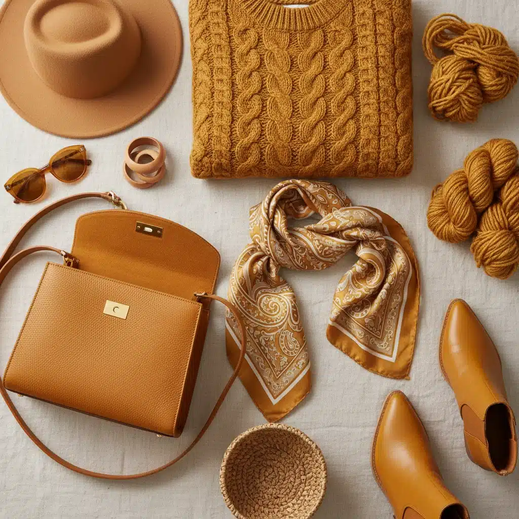 Flat lay of Golden Ochre fashion accessories and textiles.