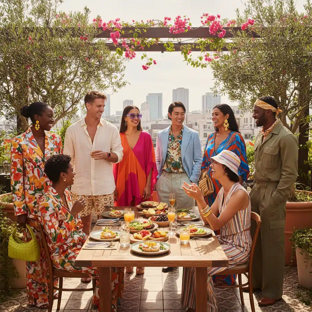 Friends enjoying brunch in diverse spring summer 2026 fashion trends