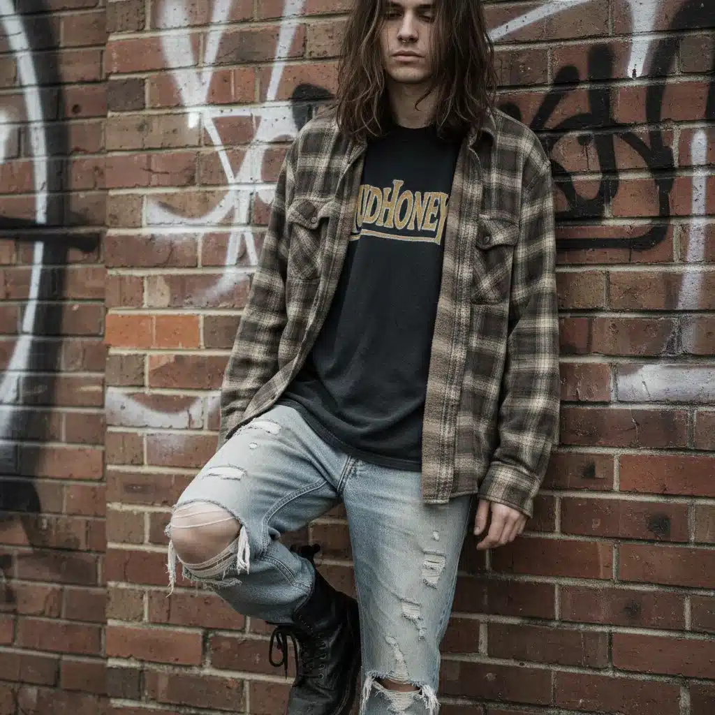 Close-up of grunge fashion with oversized flannel, band tee, ripped jeans, and combat boots.