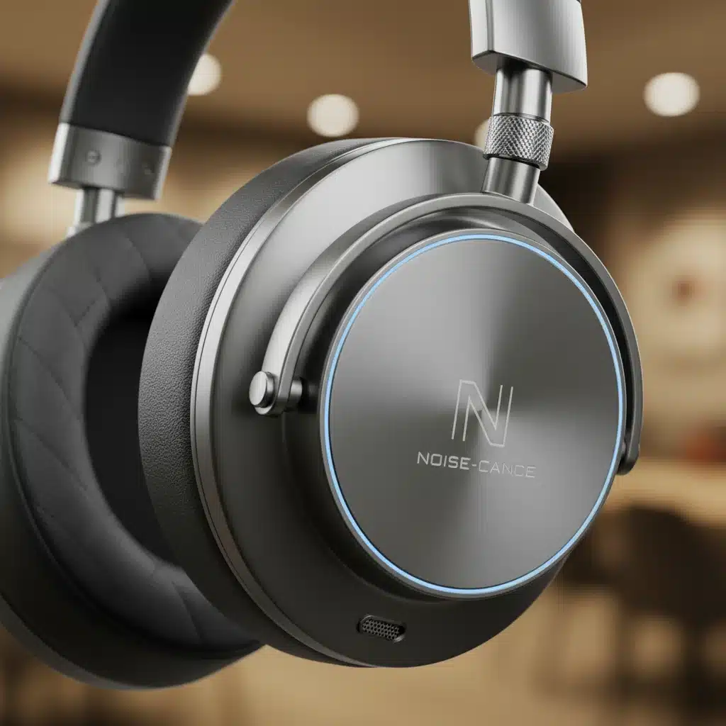 Close-up of premium noise cancelling headphone earcup with soft cushions and active noise cancellation indicator.