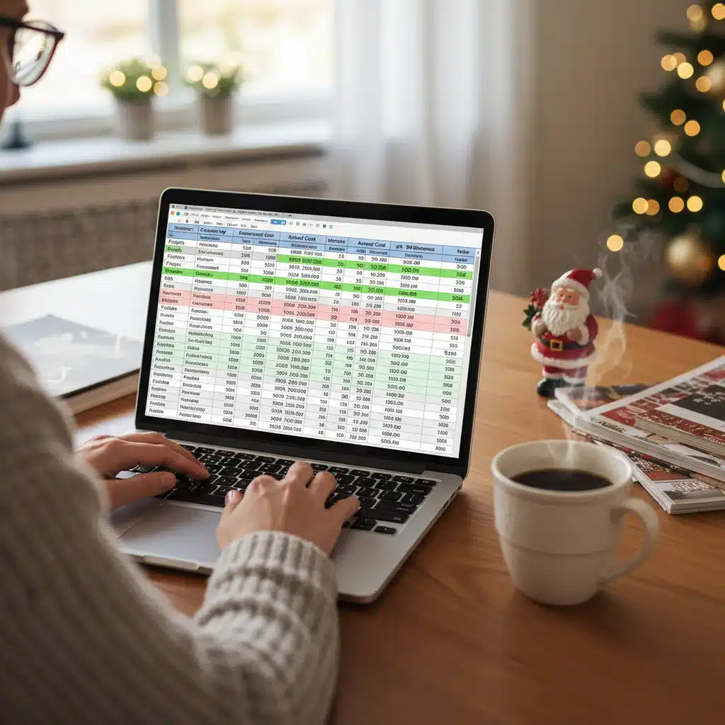 Person organizing spreadsheet on laptop, coffee cup, budgeting, financial planning, holiday expenses
