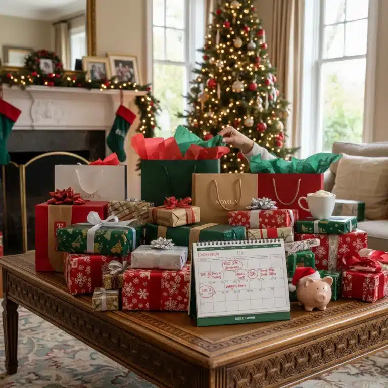 Holiday shopping success with gift bags and calendar