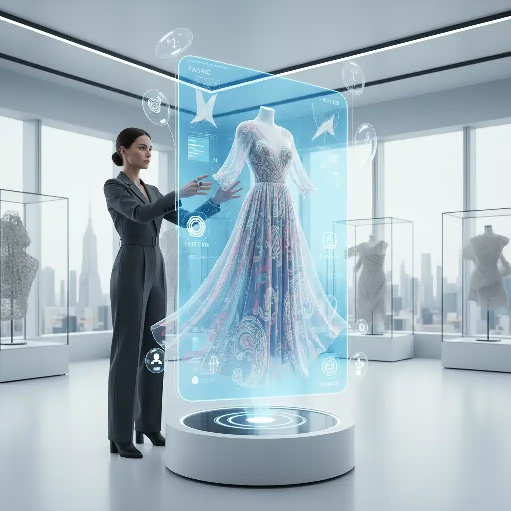 Designer interacting with holographic 3D garment design software