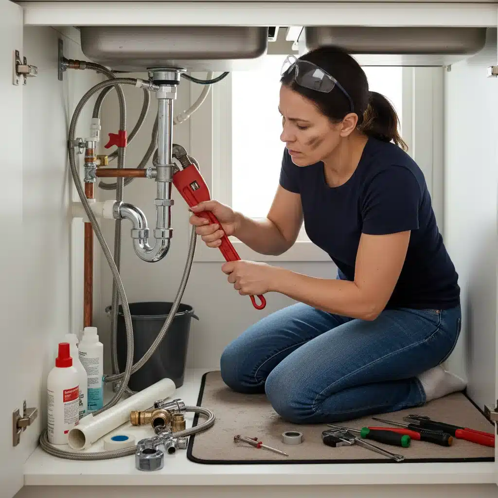 Homeowner using a pipe wrench to fix a leaky pipe under a kitchen sink.