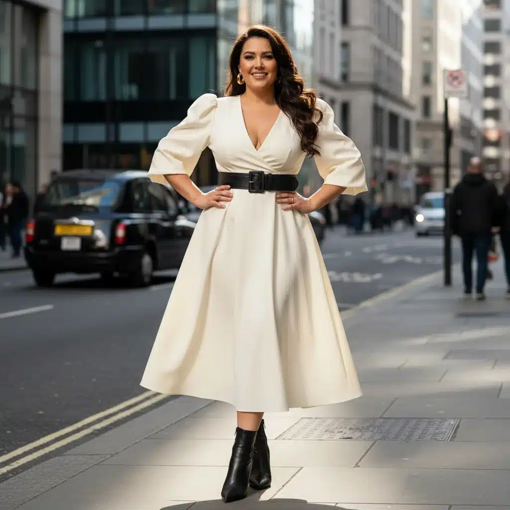 Hourglass figure woman in a cinched-waist dress