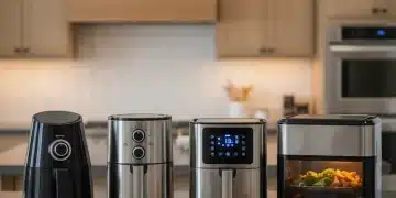 Four innovative air fryers on a modern kitchen counter with cooked food