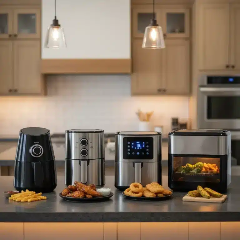Four innovative air fryers on a modern kitchen counter with cooked food