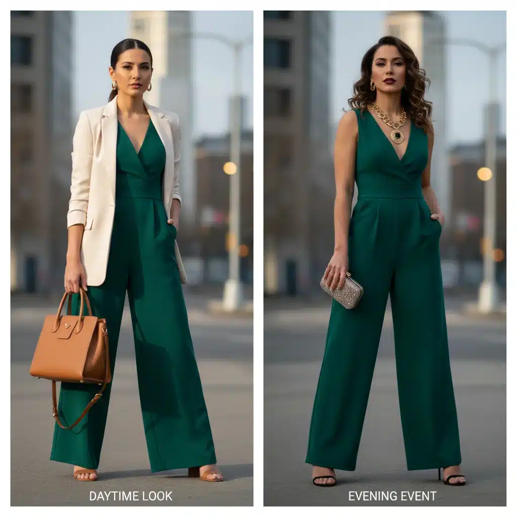 Versatile jumpsuit styled for both professional daytime and chic evening wear.