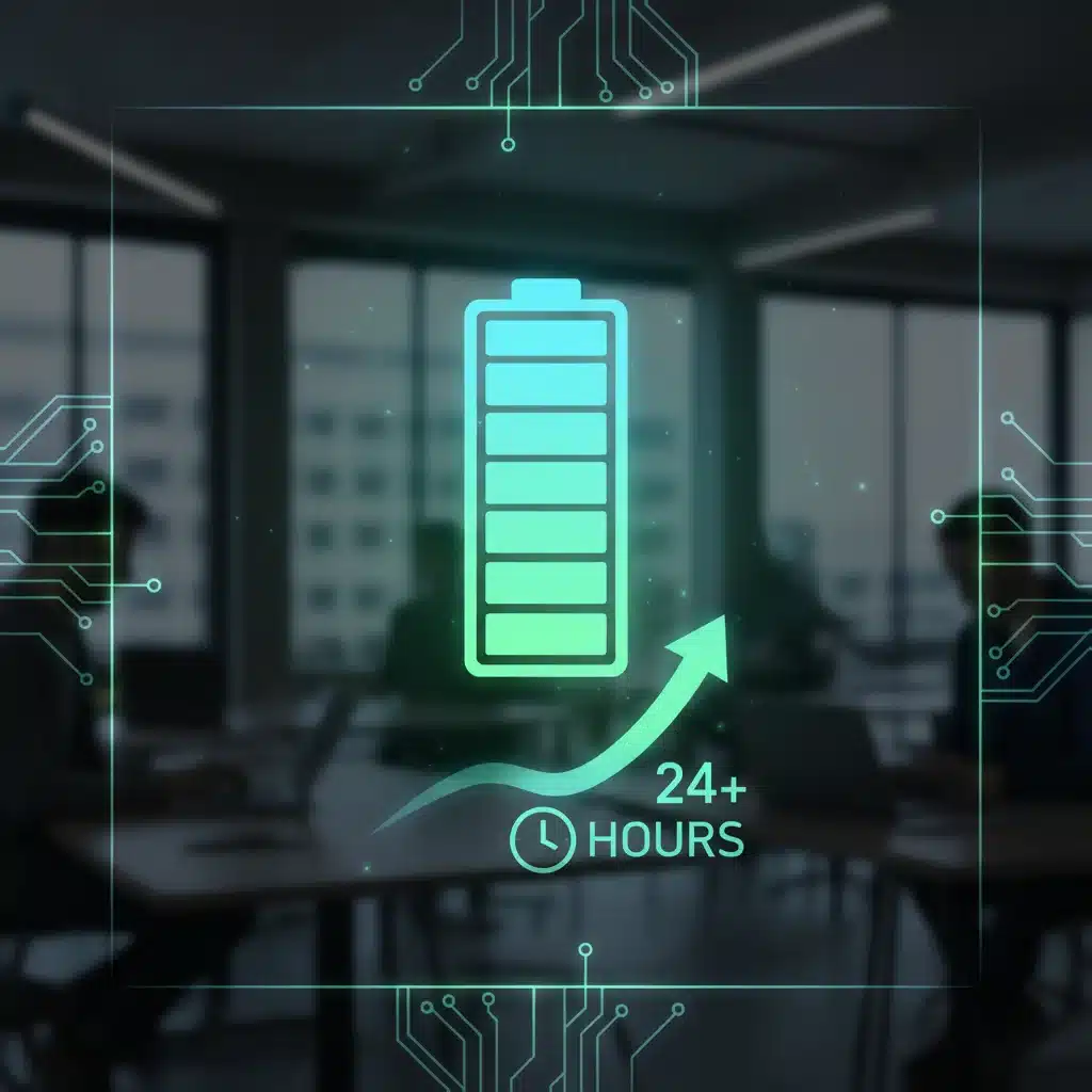 Laptop battery icon showing full charge, symbolizing extended battery life and uninterrupted productivity on the go.