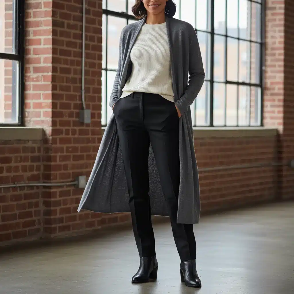 Individual demonstrating length and proportion layering with a long cardigan, short top, and tailored pants