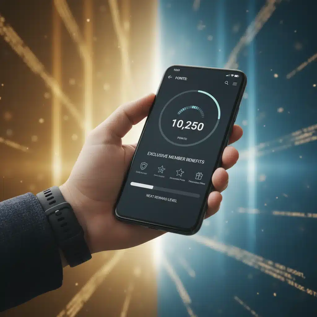 Smartphone displaying loyalty program app with accumulated points and member benefits.