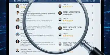 Magnifying glass examining online reviews for authenticity