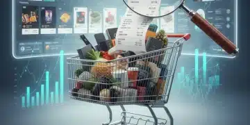Shopping cart with magnifying glass over receipt showing savings, representing maximizing online purchase value.