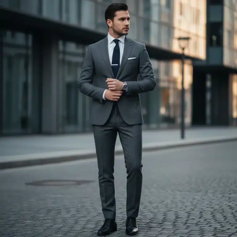 Stylish man in modern tailored suit, urban background, 2026 menswear fashion