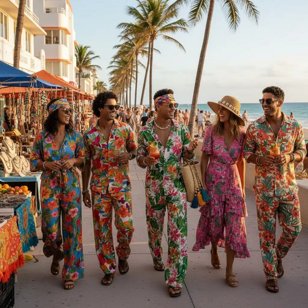 Vibrant resort wear and bold prints, Miami street fashion scene.