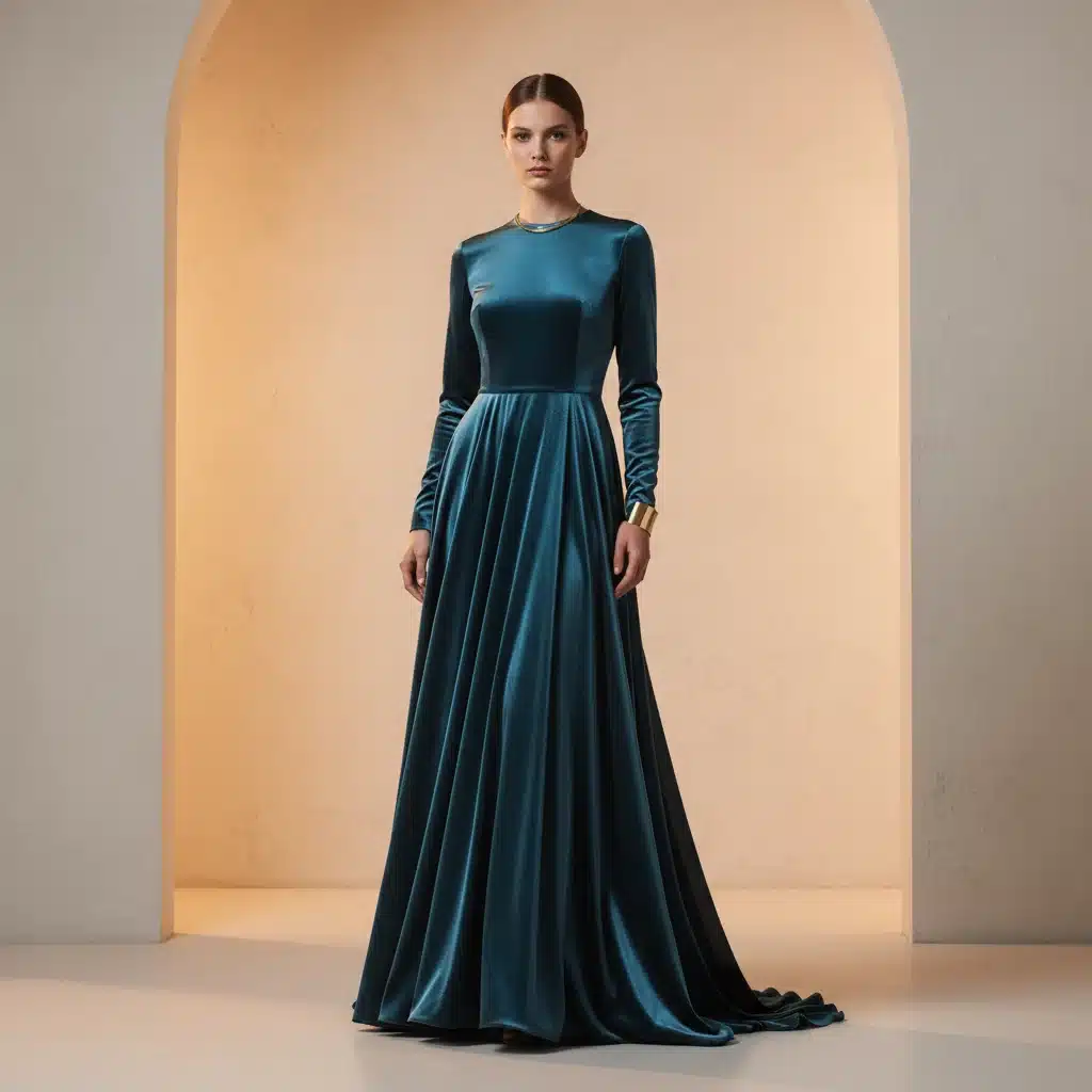 Model wearing a luxurious Midnight Teal outfit, showcasing the depth of the color.