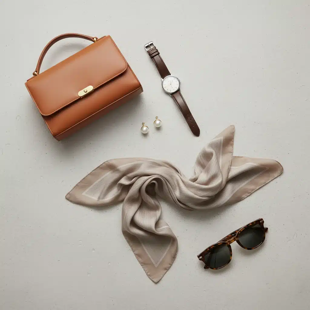 Collection of minimalist chic accessories like handbag, watch, and scarf